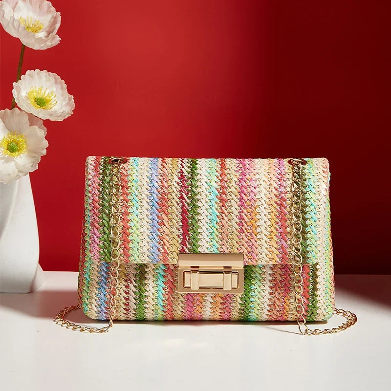 Yogodlns Knitted Straw Crossbody Bag For Women With Chain Strap Day To Night - Versatile Day To Night Use-Yogodlns Knitted Straw Crossbody Bag For Women With Chain Strap Day To Night - Versatile Day To Night Use
