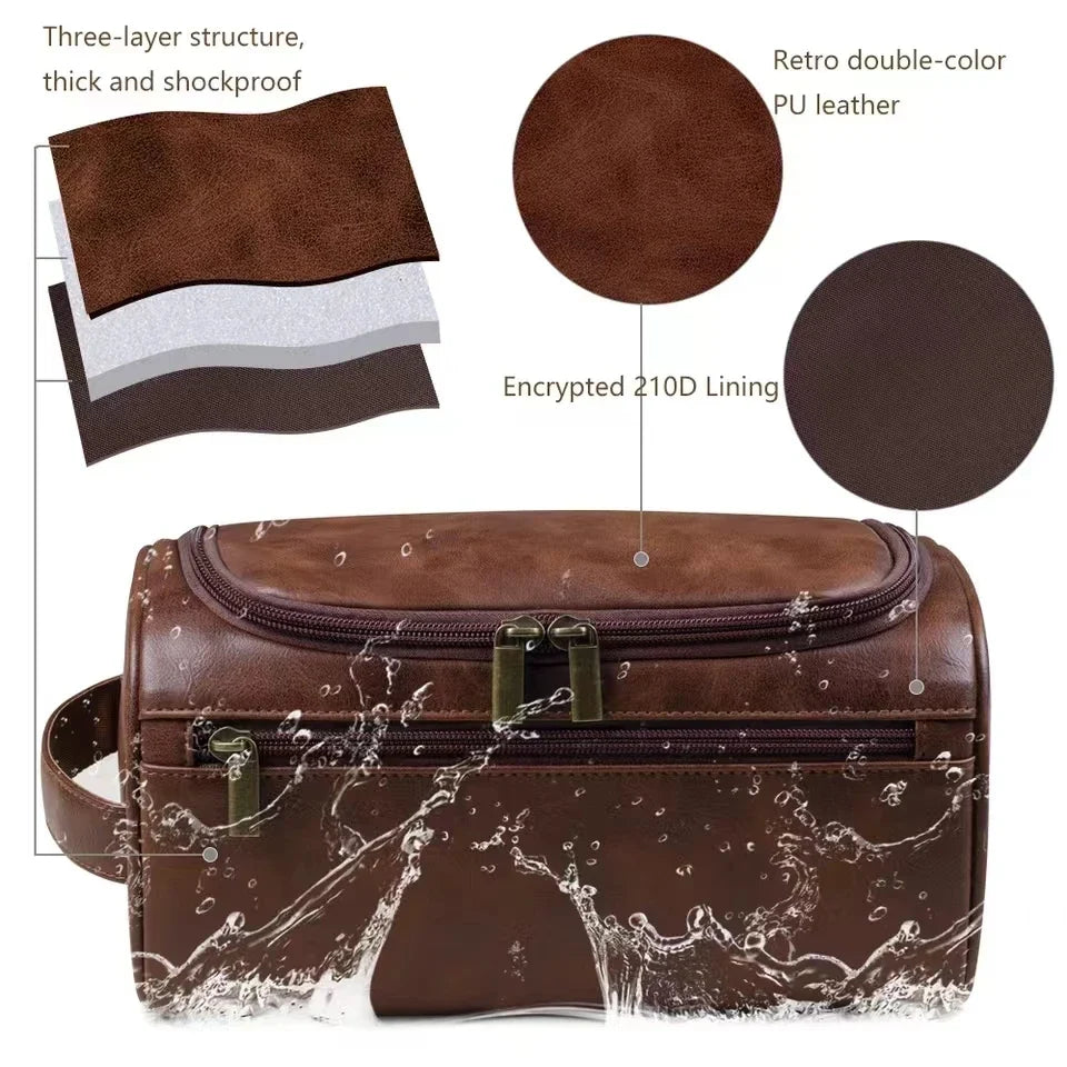 PU Leather Toiletry Bag For Men And Women Dopp Kit Hanging Travel Case Large Cosmetic Bag-PU Leather Toiletry Bag For Men And Women Dopp Kit Hanging Travel Case Large Cosmetic Bag
