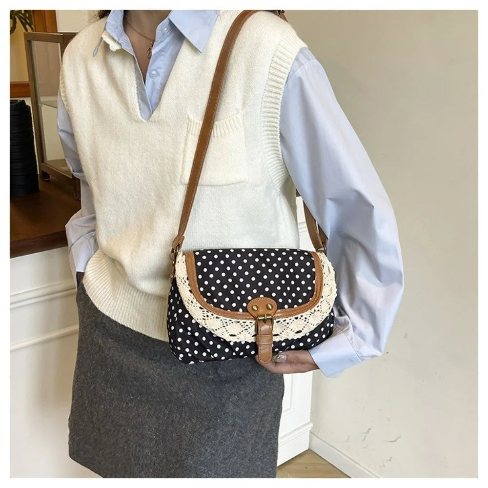 None Polka Dot Canvas Crossbody Bag - With Lace Trim For Women For Daily Casual Commute-None Polka Dot Canvas Crossbody Bag - With Lace Trim For Women For Daily Casual Commute