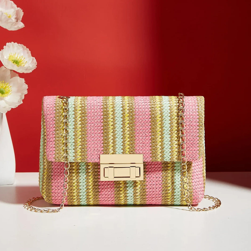 Yogodlns Knitted Straw Crossbody Bag For Women With Chain Strap Day To Night - Versatile Day To Night Use-Yogodlns Knitted Straw Crossbody Bag For Women With Chain Strap Day To Night - Versatile Day To Night Use