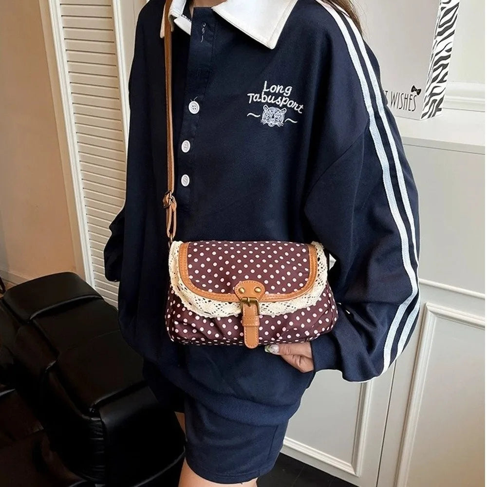 None Polka Dot Canvas Crossbody Bag - With Lace Trim For Women For Daily Casual Commute-None Polka Dot Canvas Crossbody Bag - With Lace Trim For Women For Daily Casual Commute