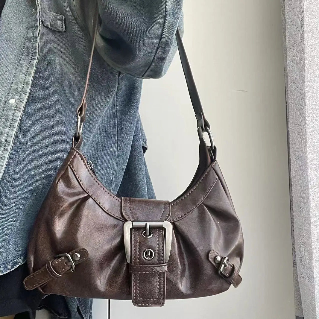 HEONYIRRY Maillard Style Retro Small Bag Spicy Girl Y2K Wasteland Vintage Leather Shoulder Armpit Bag - Zipper Closure-HEONYIRRY Maillard Style Retro Small Bag Spicy Girl Y2K Wasteland Vintage Leather Shoulder Armpit Bag - Zipper Closure