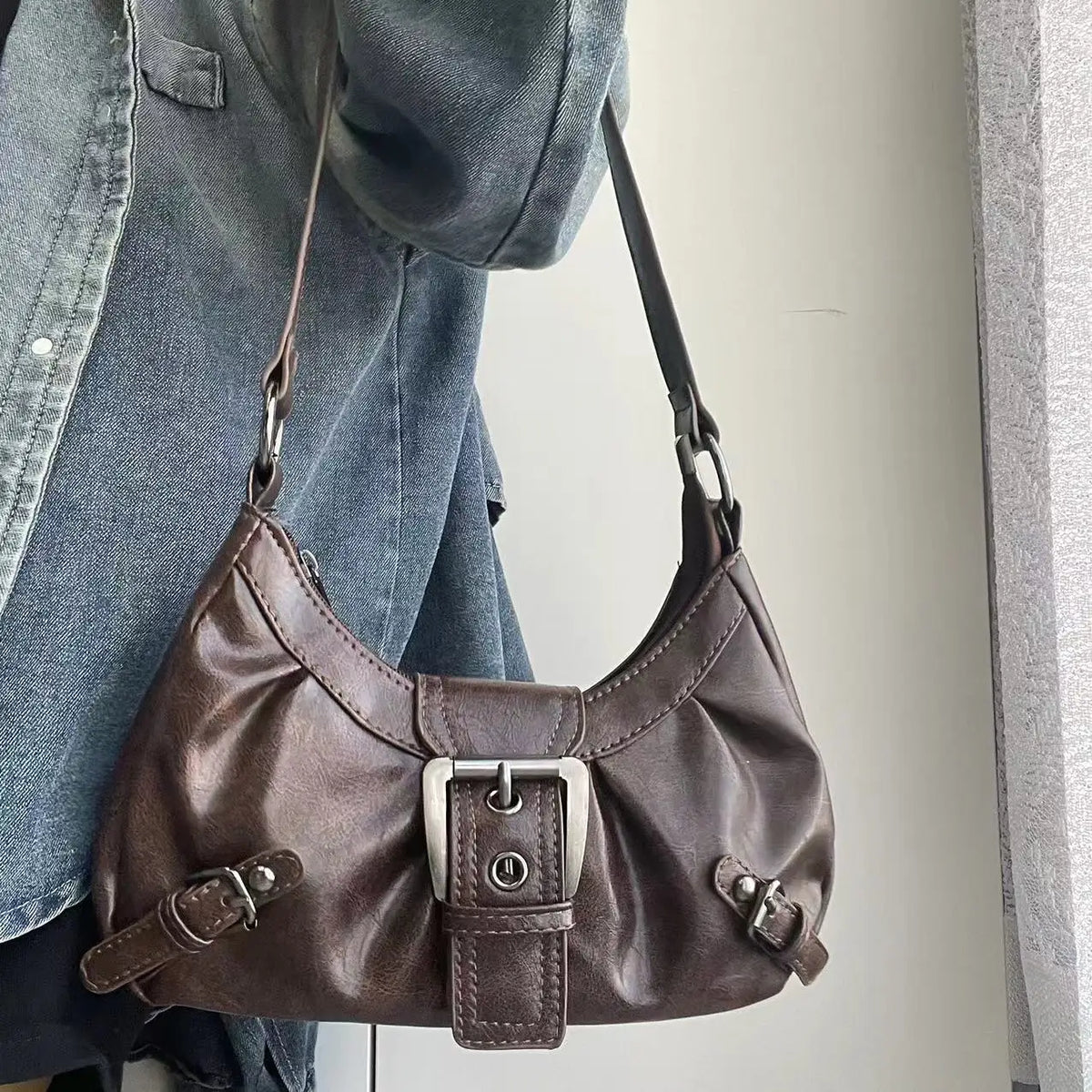 HEONYIRRY Maillard Style Retro Small Bag Spicy Girl Y2K Wasteland Vintage Leather Shoulder Armpit Bag - Zipper Closure-HEONYIRRY Maillard Style Retro Small Bag Spicy Girl Y2K Wasteland Vintage Leather Shoulder Armpit Bag - Zipper Closure