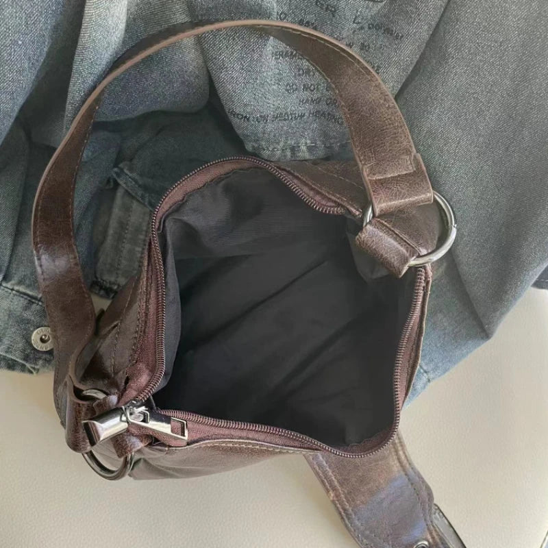 HEONYIRRY Maillard Style Retro Small Bag Spicy Girl Y2K Wasteland Vintage Leather Shoulder Armpit Bag - Zipper Closure-HEONYIRRY Maillard Style Retro Small Bag Spicy Girl Y2K Wasteland Vintage Leather Shoulder Armpit Bag - Zipper Closure