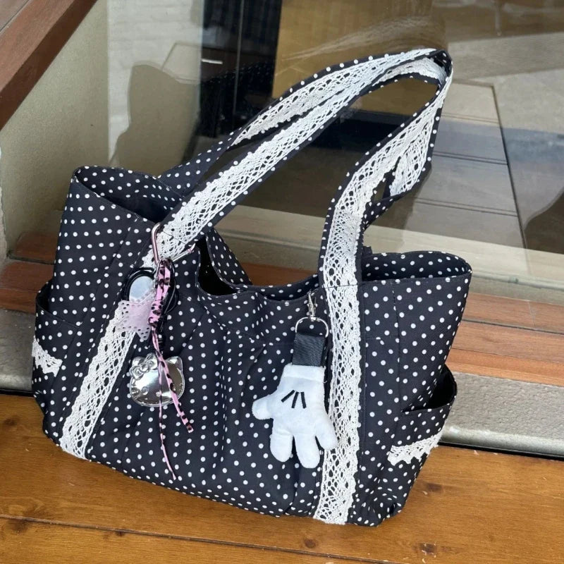 Sweet Lace Shoulder Bag Korean Style Canvas Tote With Polka Dot Pattern Large Capacity And Multi Pocket-Sweet Lace Shoulder Bag Korean Style Canvas Tote With Polka Dot Pattern Large Capacity And Multi Pocket