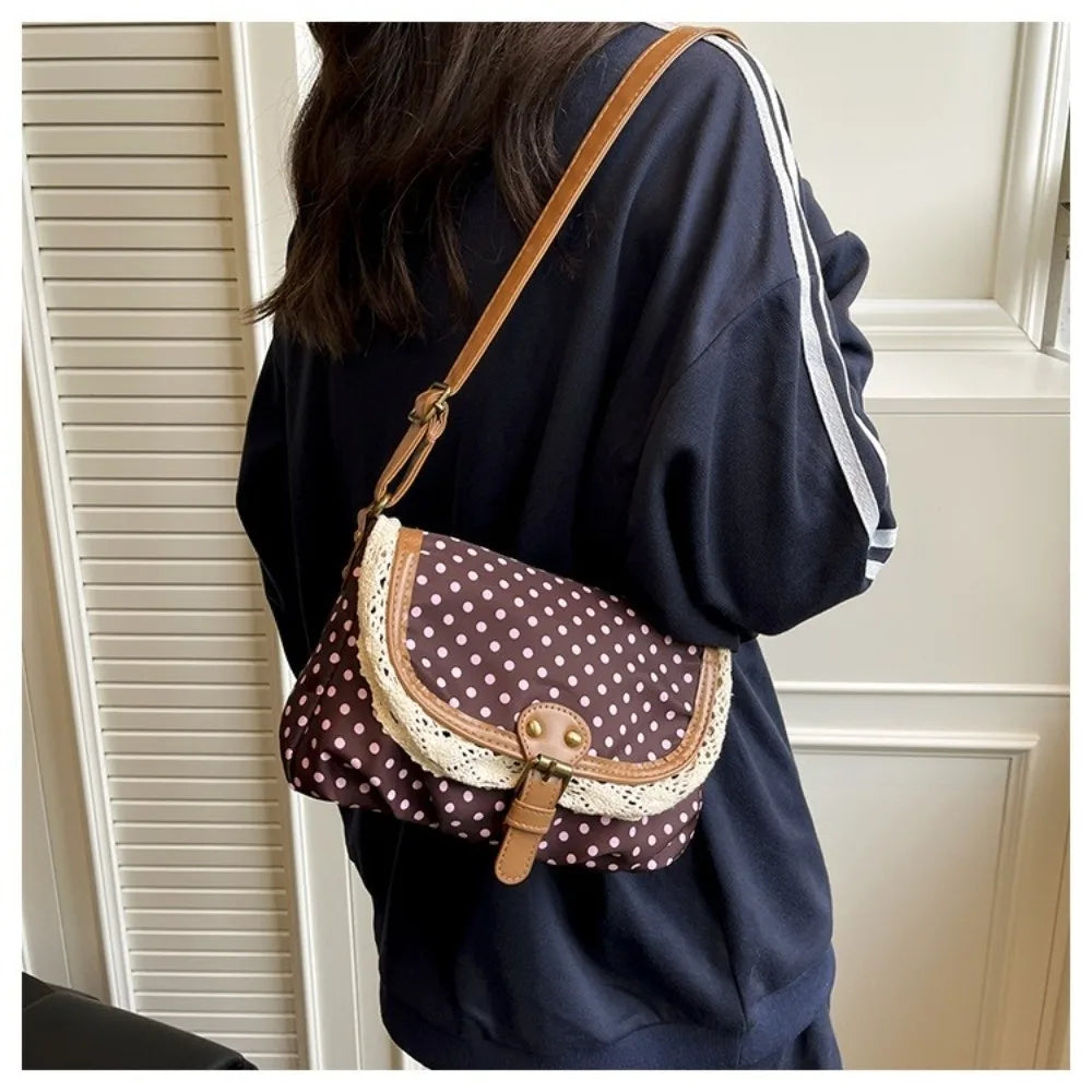 None Polka Dot Canvas Crossbody Bag - With Lace Trim For Women For Daily Casual Commute-None Polka Dot Canvas Crossbody Bag - With Lace Trim For Women For Daily Casual Commute