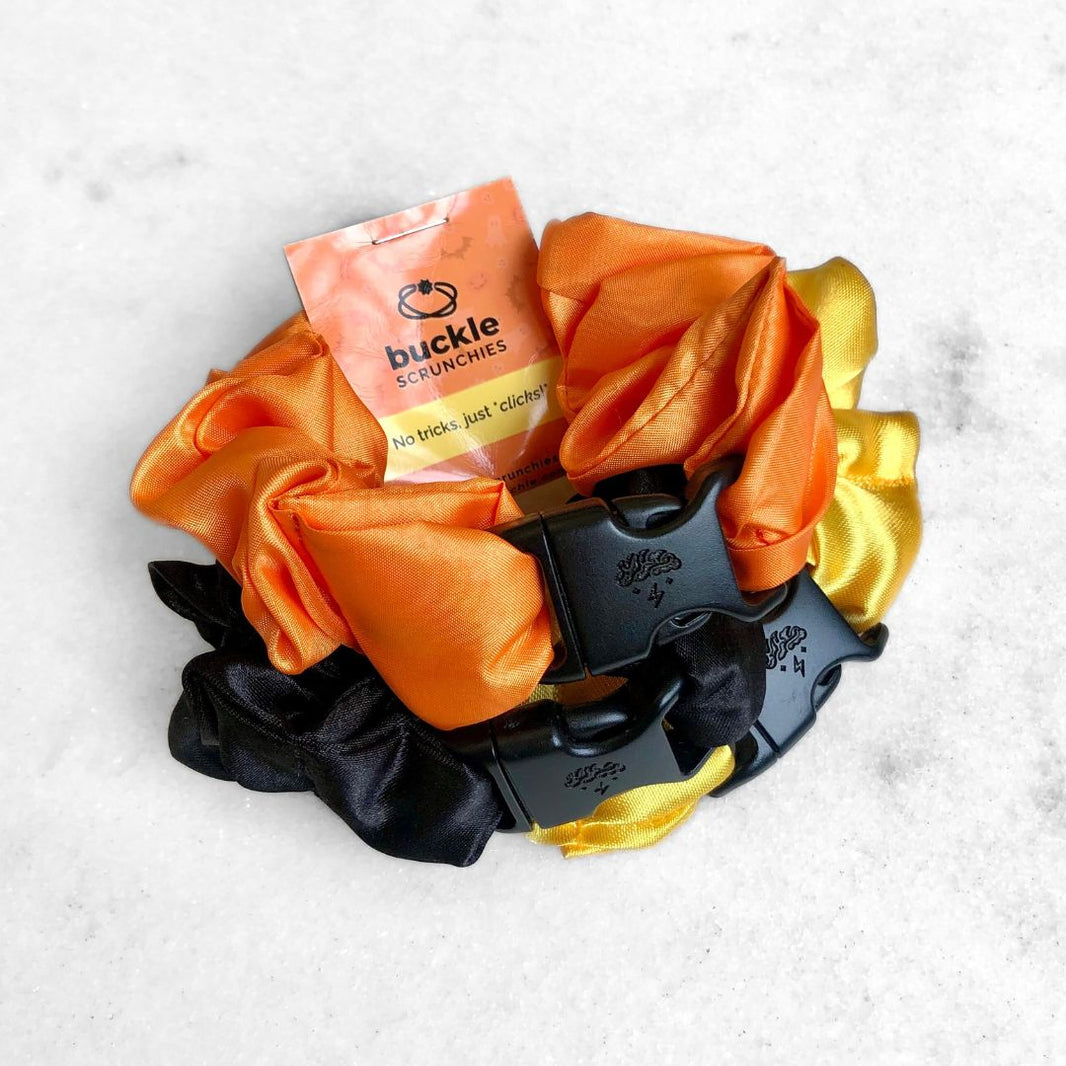 Trick or Treat Halloween Bundle - 3-Pack Fall Buckle Scrunchies - No Snagging, No Tangles-Trick or Treat Halloween Bundle - 3-Pack Fall Buckle Scrunchies - No Snagging, No Tangles
