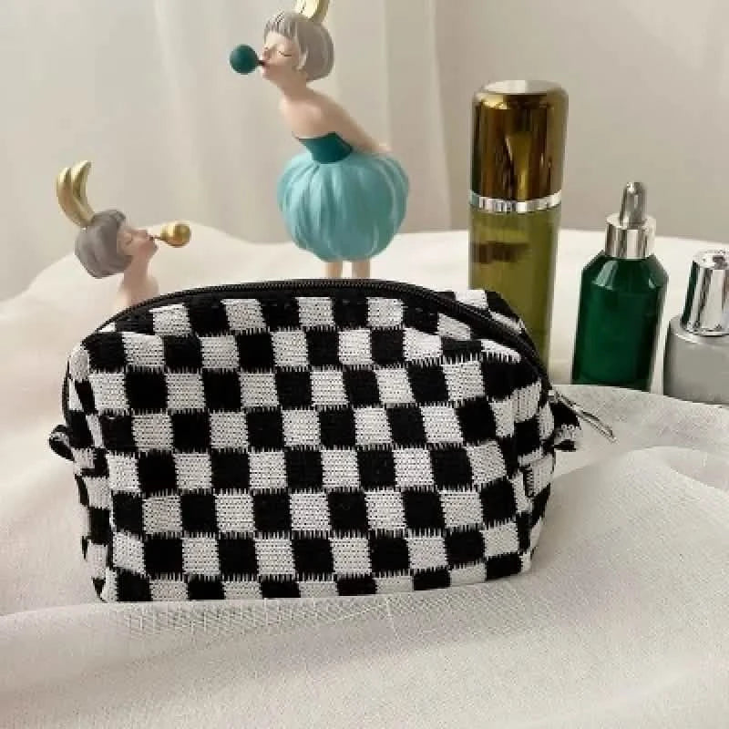 Checkered Pattern Zipper Makeup Bag-Checkered Pattern Zipper Makeup Bag