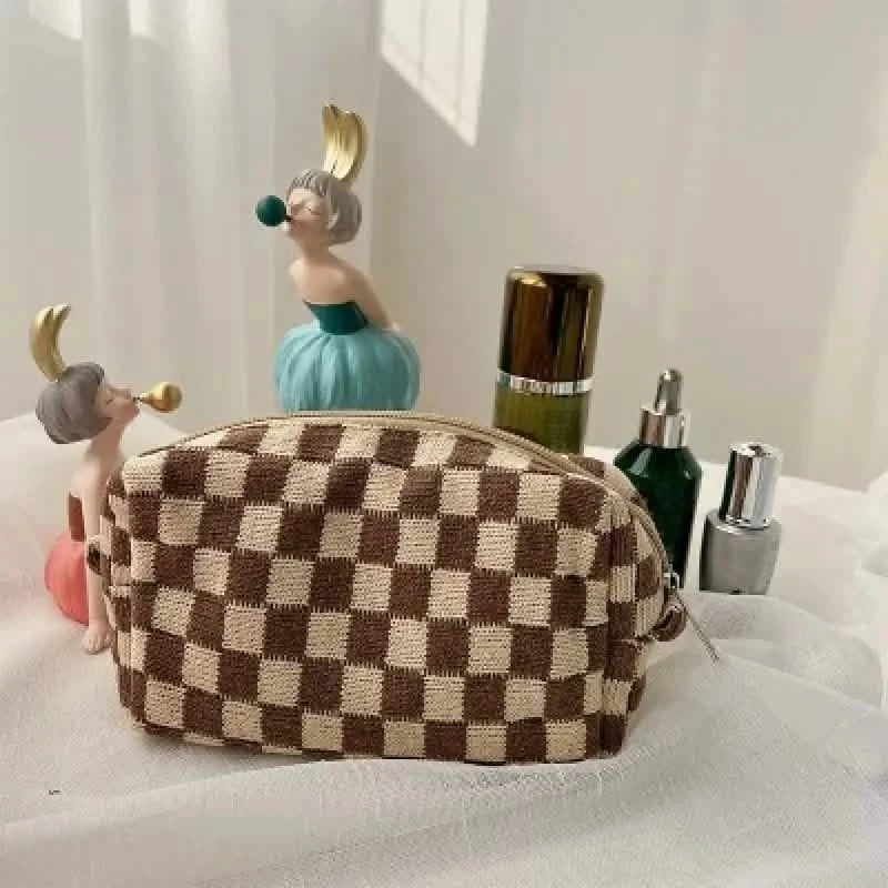 Checkered Pattern Zipper Makeup Bag-Checkered Pattern Zipper Makeup Bag