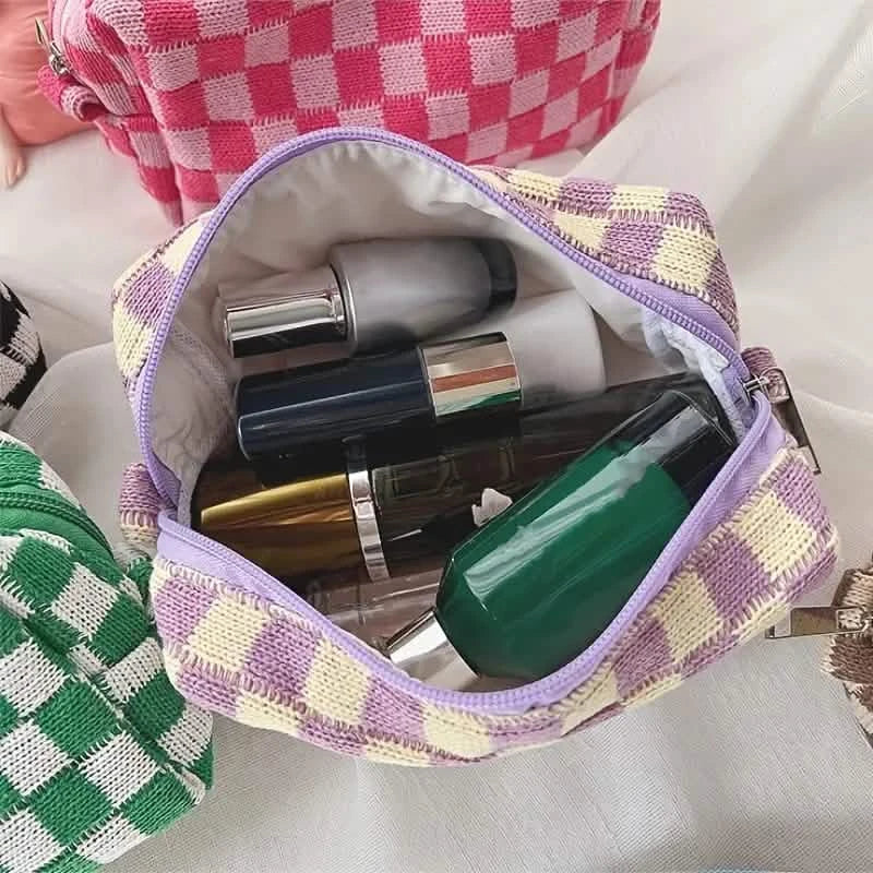 Checkered Pattern Zipper Makeup Bag-Checkered Pattern Zipper Makeup Bag