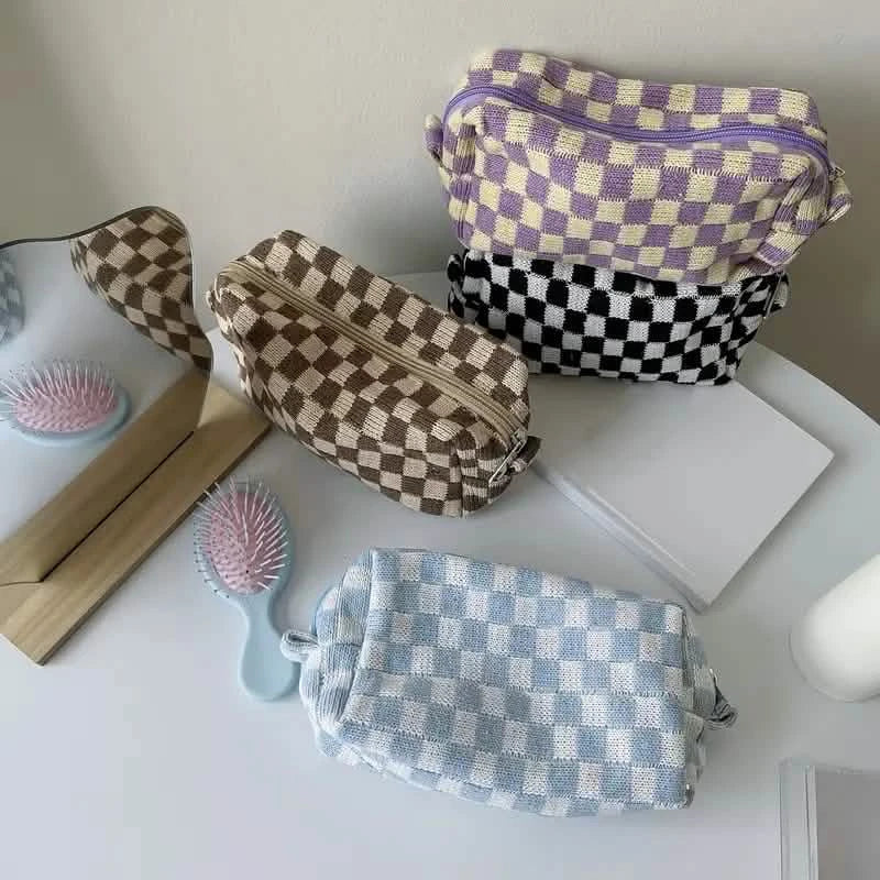 Checkered Pattern Zipper Makeup Bag-Checkered Pattern Zipper Makeup Bag
