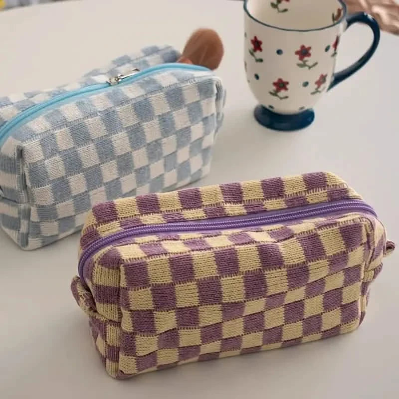 Checkered Pattern Zipper Makeup Bag-Checkered Pattern Zipper Makeup Bag