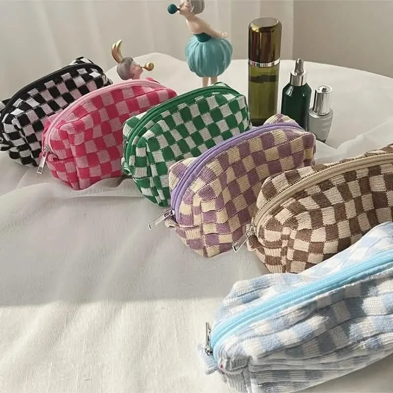 Checkered Pattern Zipper Makeup Bag-Checkered Pattern Zipper Makeup Bag