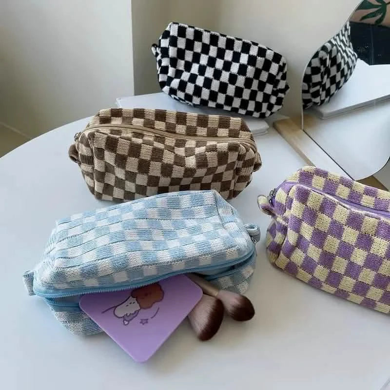 Checkered Pattern Zipper Makeup Bag-Checkered Pattern Zipper Makeup Bag
