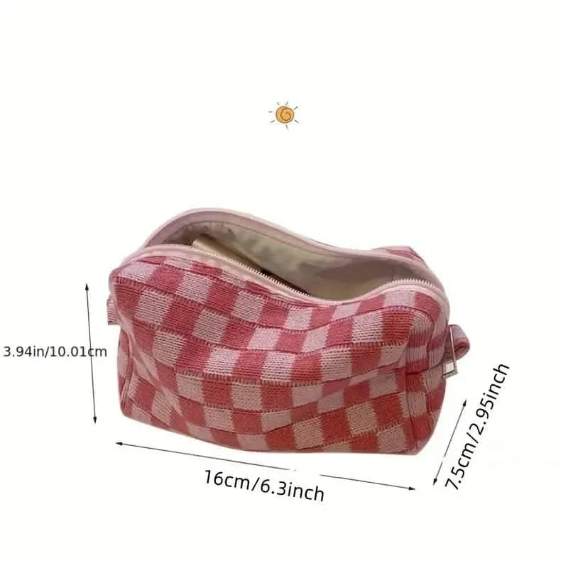 Checkered Pattern Zipper Makeup Bag-Checkered Pattern Zipper Makeup Bag