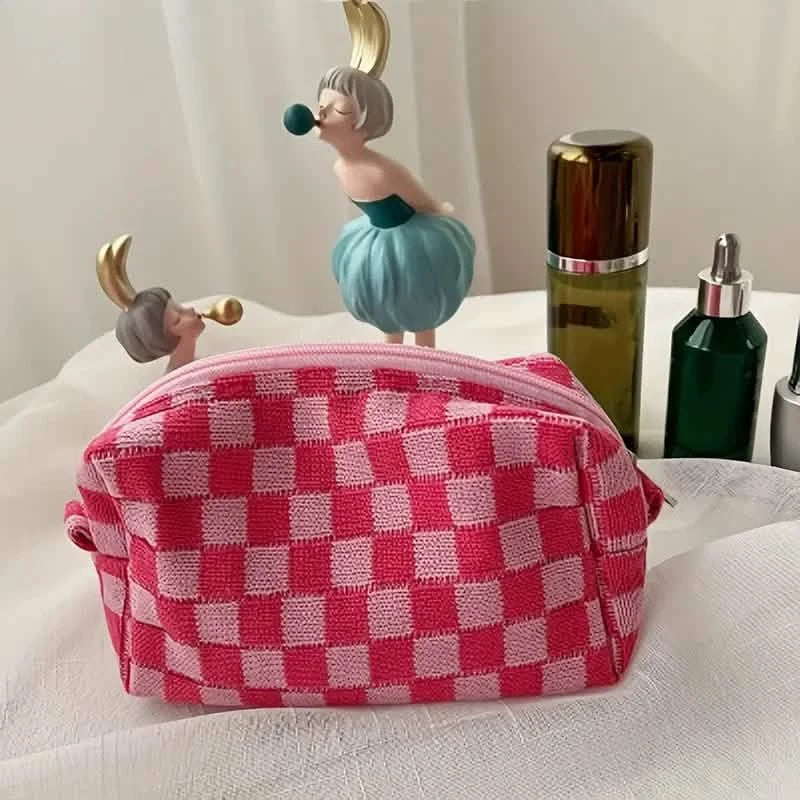 Checkered Pattern Zipper Makeup Bag-Checkered Pattern Zipper Makeup Bag