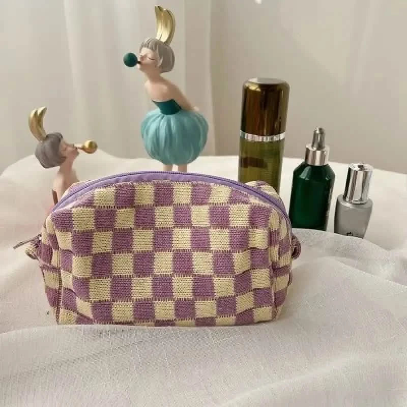 Checkered Pattern Zipper Makeup Bag-Checkered Pattern Zipper Makeup Bag