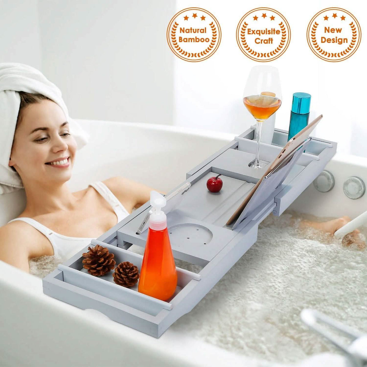 Crafted Bamboo Bath Tray Table Extendable Reading Rack-Crafted Bamboo Bath Tray Table Extendable Reading Rack