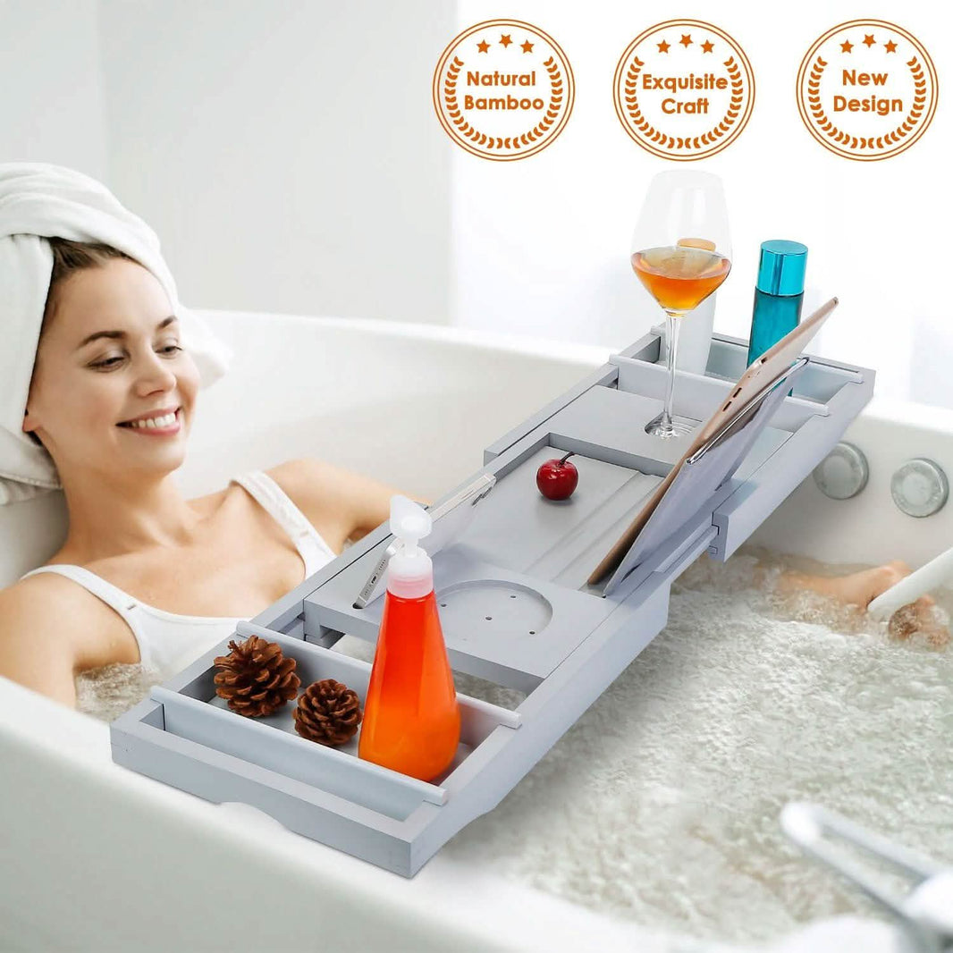 Crafted Bamboo Bath Tray Table Extendable Reading Rack-Crafted Bamboo Bath Tray Table Extendable Reading Rack