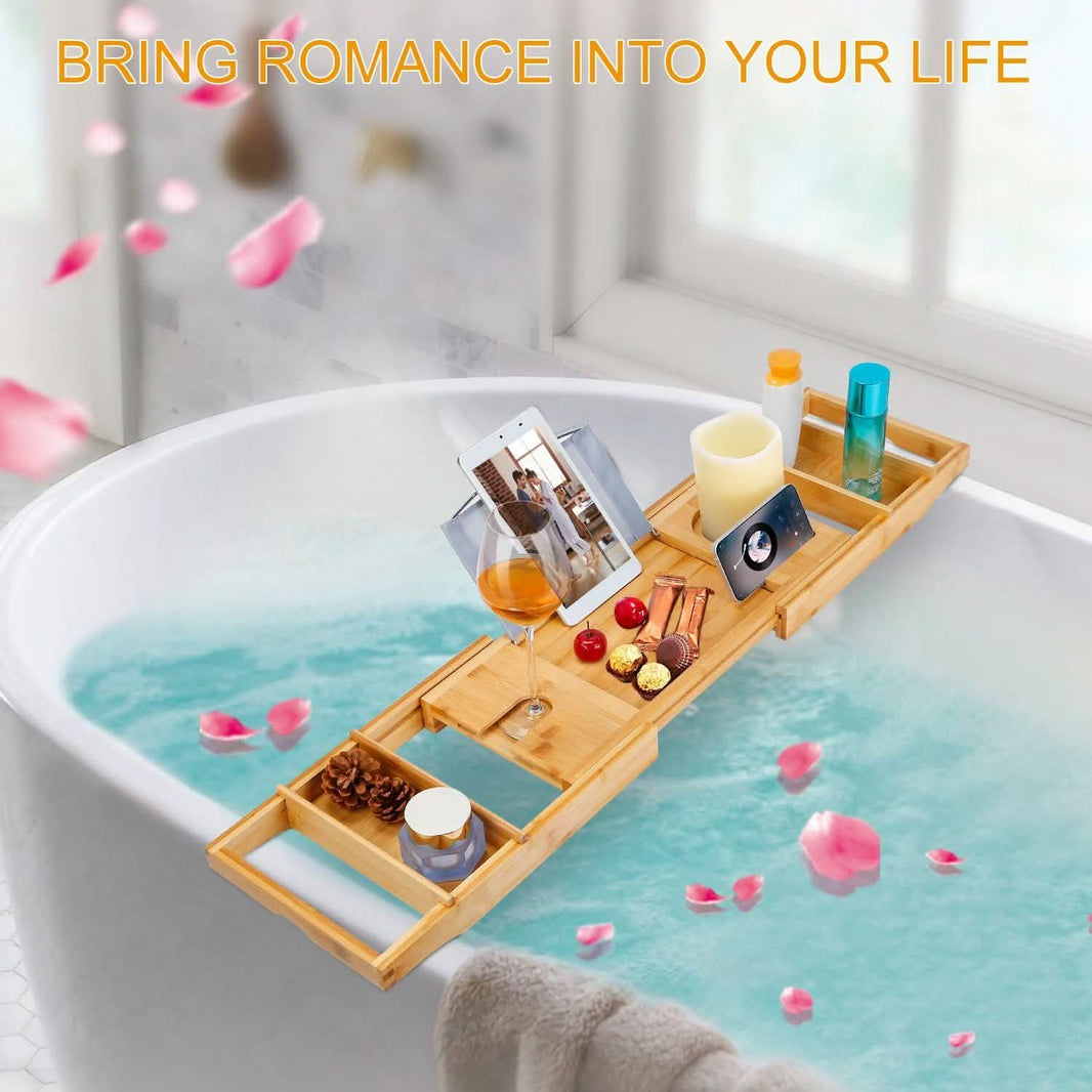Crafted Bamboo Bath Tray Table Extendable Reading Rack-Crafted Bamboo Bath Tray Table Extendable Reading Rack
