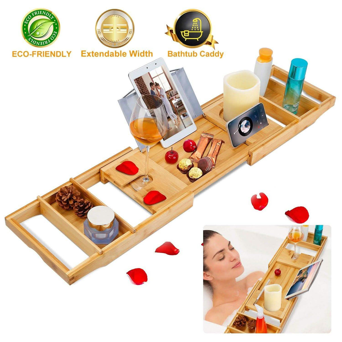 Crafted Bamboo Bath Tray Table Extendable Reading Rack-Crafted Bamboo Bath Tray Table Extendable Reading Rack