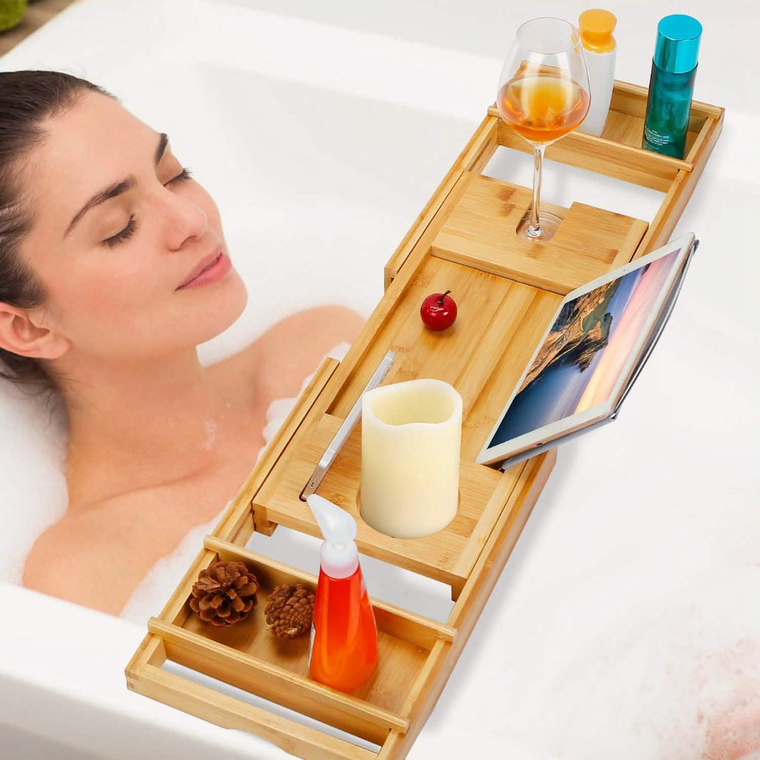 Crafted Bamboo Bath Tray Table Extendable Reading Rack-Crafted Bamboo Bath Tray Table Extendable Reading Rack