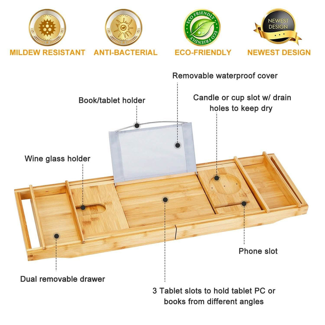 Crafted Bamboo Bath Tray Table Extendable Reading Rack-Crafted Bamboo Bath Tray Table Extendable Reading Rack