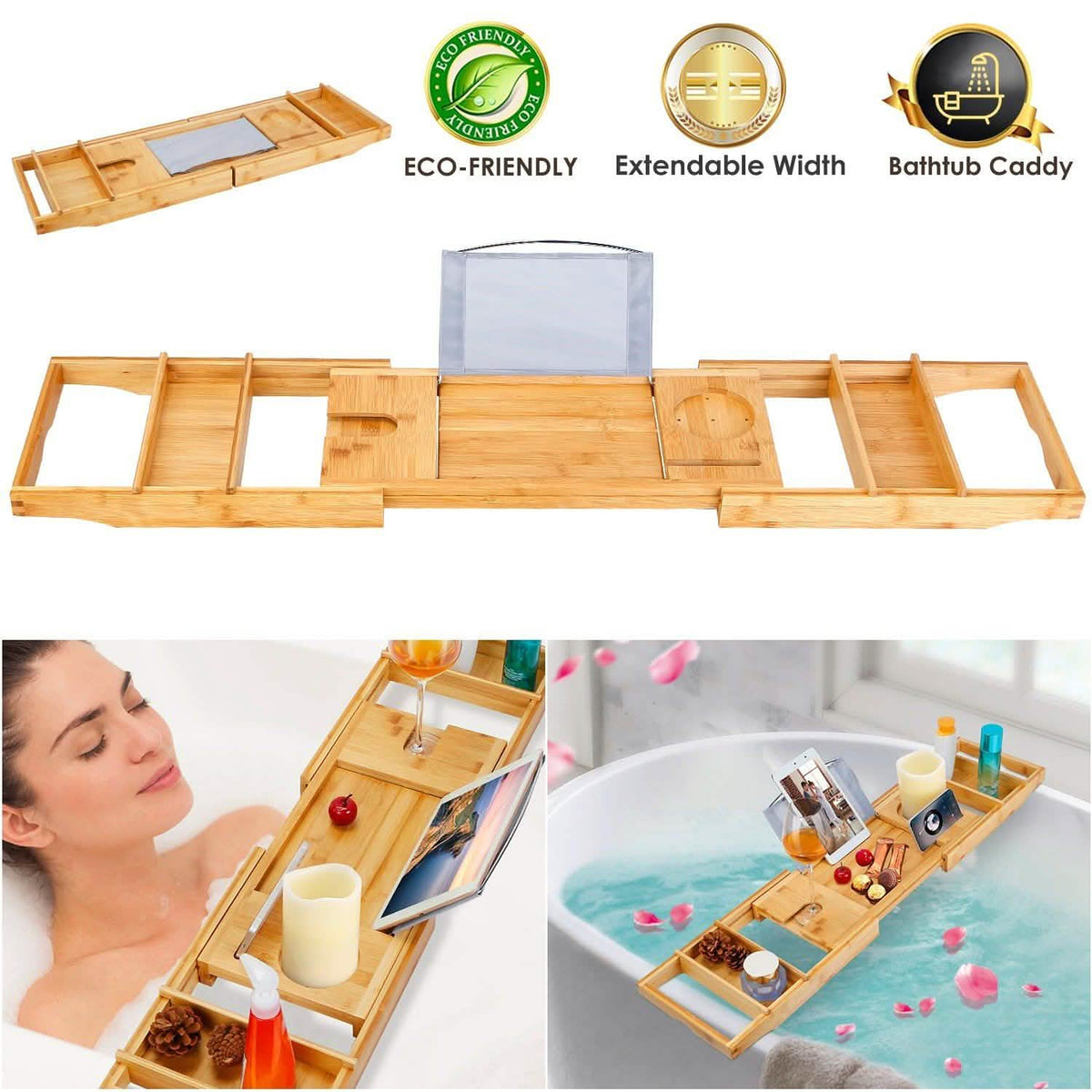 Crafted Bamboo Bath Tray Table Extendable Reading Rack-Crafted Bamboo Bath Tray Table Extendable Reading Rack
