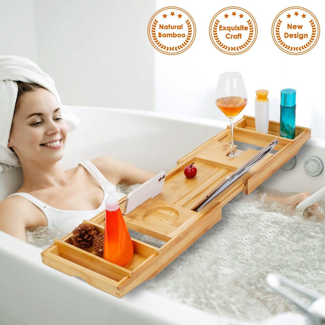 Crafted Bamboo Bath Tray Table Extendable Reading Rack-Crafted Bamboo Bath Tray Table Extendable Reading Rack