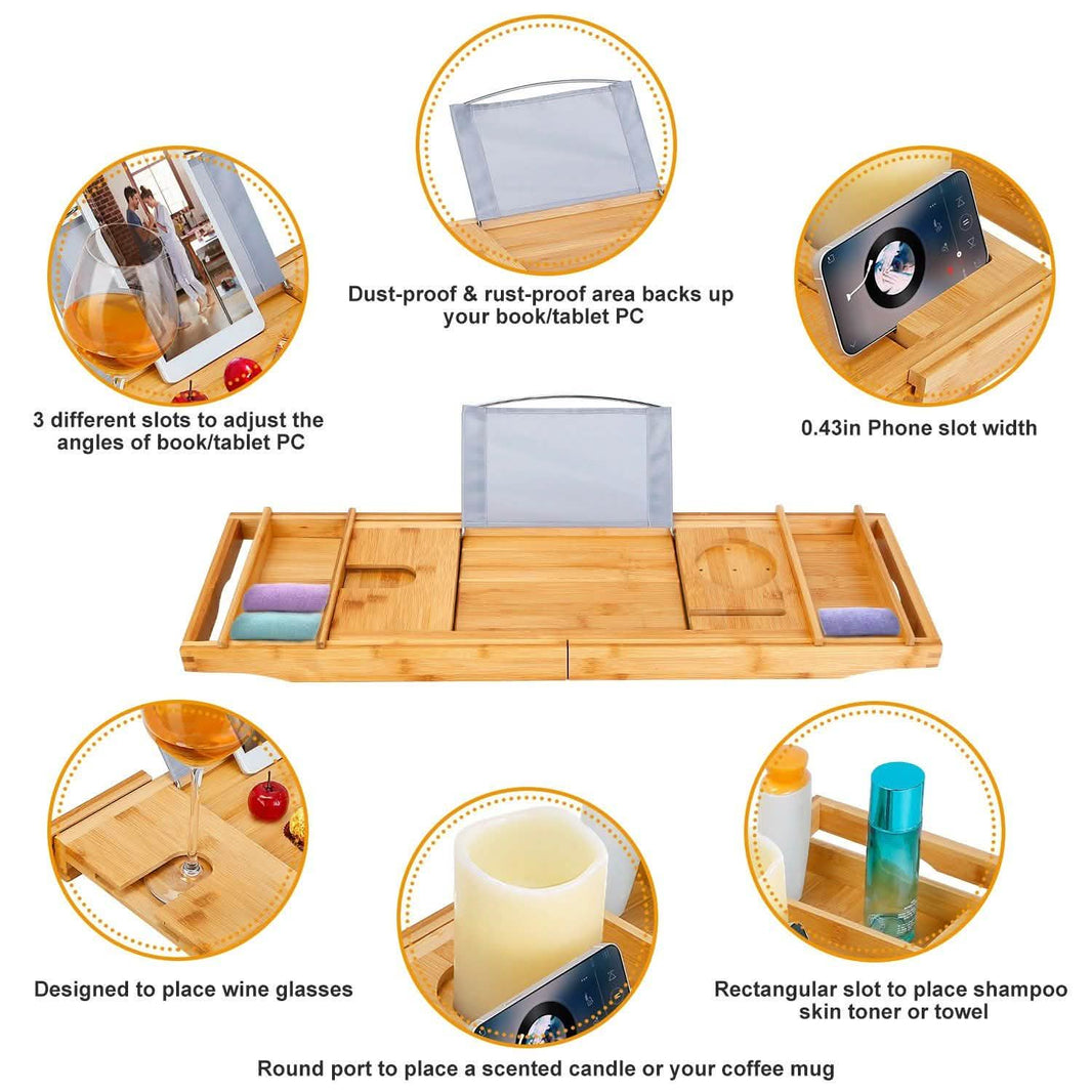 Crafted Bamboo Bath Tray Table Extendable Reading Rack-Crafted Bamboo Bath Tray Table Extendable Reading Rack
