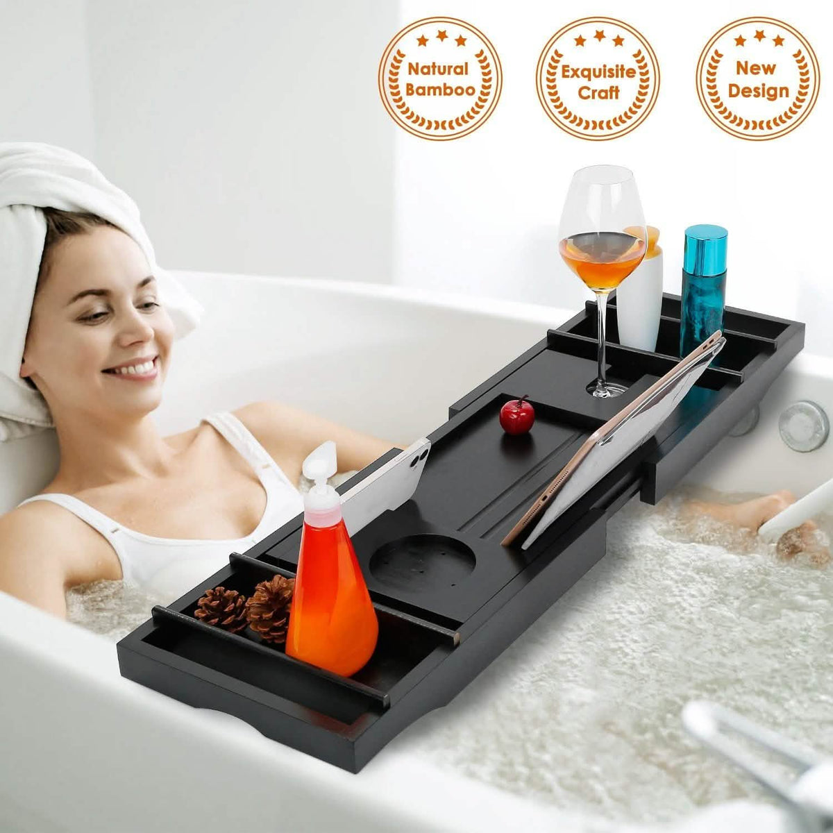 Crafted Bamboo Bath Tray Table Extendable Reading Rack-Crafted Bamboo Bath Tray Table Extendable Reading Rack