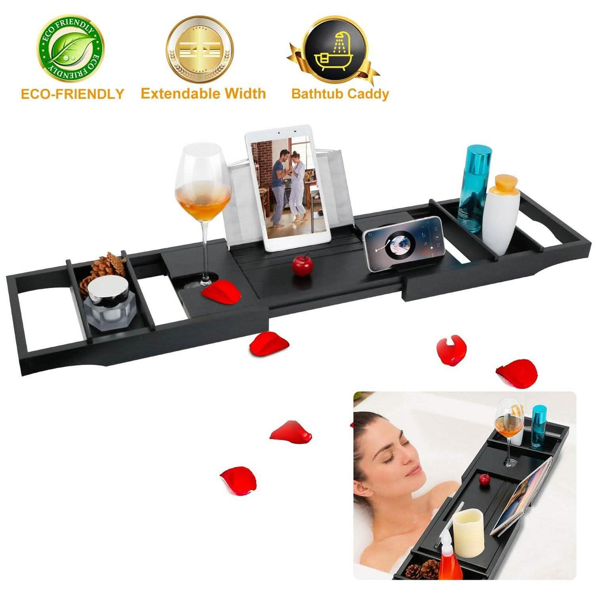 Crafted Bamboo Bath Tray Table Extendable Reading Rack-Crafted Bamboo Bath Tray Table Extendable Reading Rack