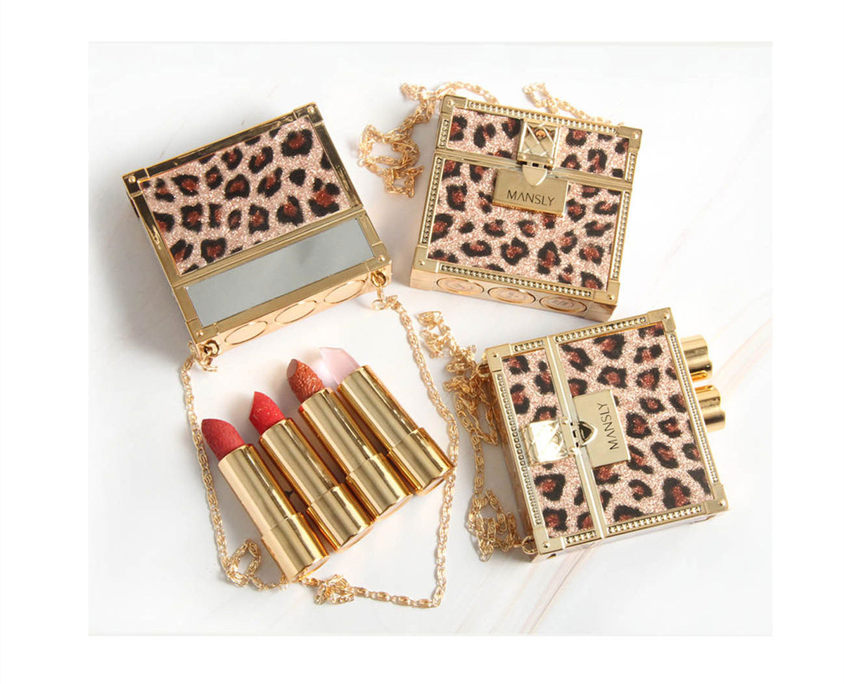 Fashion Small Sachet Mousse Lipstick Leopard Print Chain With Small Round Mirror Set-d06871f1b3993ad0421405c6989e515d