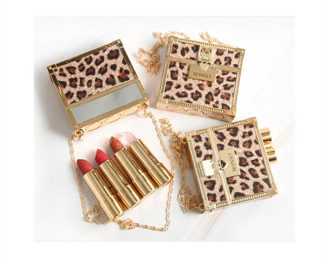 Fashion Small Sachet Mousse Lipstick Leopard Print Chain With Small Round Mirror Set-d06871f1b3993ad0421405c6989e515d