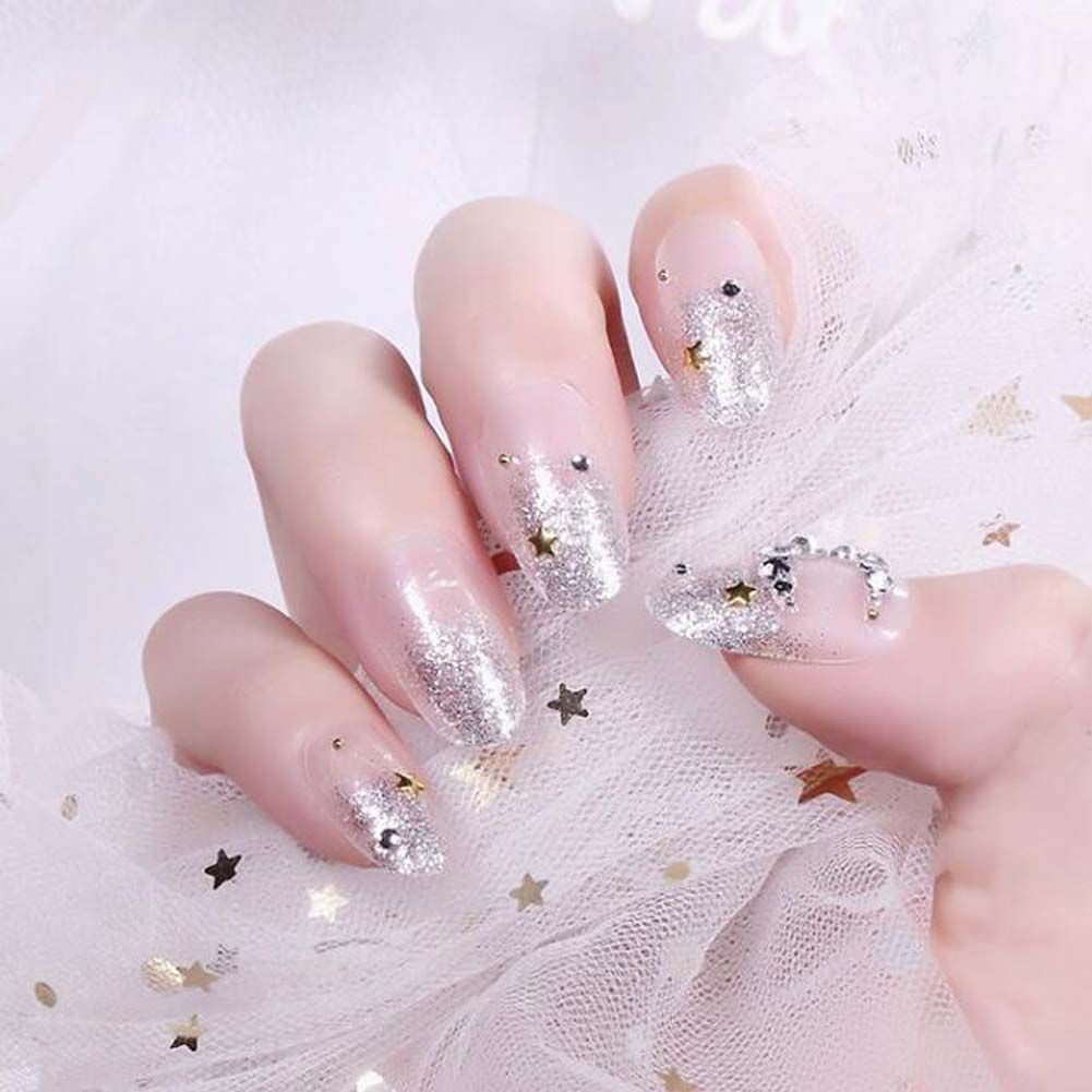 Bling Bling Beads False Fingernails Artificial False Nails Tips Wedding Nail Art; Silver Stars Fake Nails-Bling Bling Beads False Fingernails Artificial False Nails Tips Wedding Nail Art; Silver Stars Fake Nails