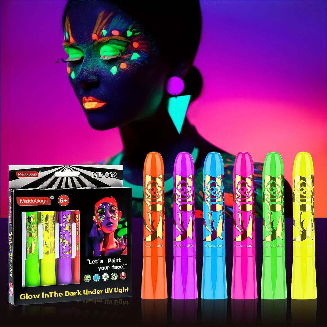 6 Pcs Glow In The Dark Face Body Paint, UV Black Light Glow Makeup Kit For Adult, Non-Toxic Fluorescent Face Paints Crayons For Birthday Party Halloween Masquerade Makeup-6 Pcs Glow In The Dark Face Body Paint, UV Black Light Glow Makeup Kit For Adult, Non-Toxic Fluorescent Face Paints Crayons For Birthday Party Halloween Masquerade Makeup
