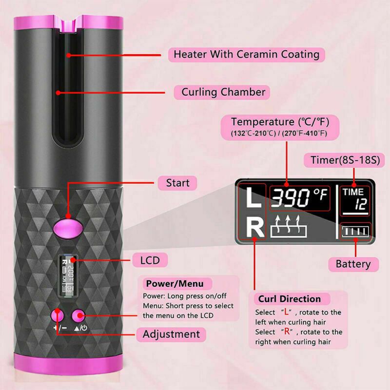 Hair Curler LCD Cordless Auto Rotating Waver Curling Iron Ceramic Wireless USA-Hair Curler LCD Cordless Auto Rotating Waver Curling Iron Ceramic Wireless USA