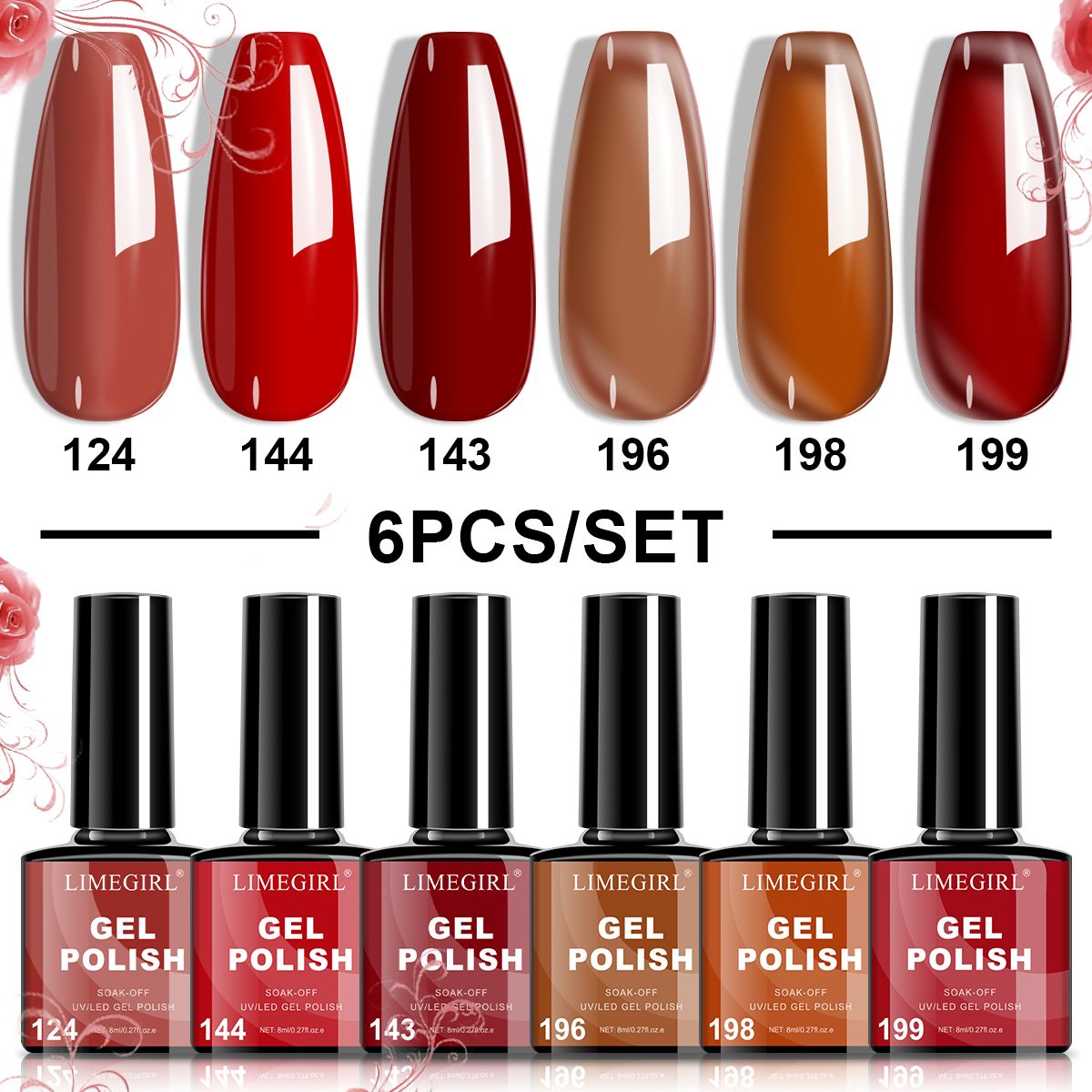 LIMEGIRL 6pcs Gel Polish Set 6 Vibrant Colors UV Gel NailPolish Red Blue Green Hema TMPTA TPO 3-free AllSeasons NailGel for Christmas Gift Women Girls-LIMEGIRL 6pcs Gel Polish Set 6 Vibrant Colors UV Gel NailPolish Red Blue Green Hema TMPTA TPO 3-free AllSeasons NailGel for Christmas Gift Women Girls