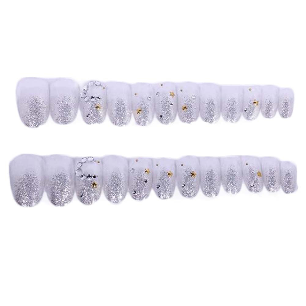 Bling Bling Beads False Fingernails Artificial False Nails Tips Wedding Nail Art; Silver Stars Fake Nails-Bling Bling Beads False Fingernails Artificial False Nails Tips Wedding Nail Art; Silver Stars Fake Nails
