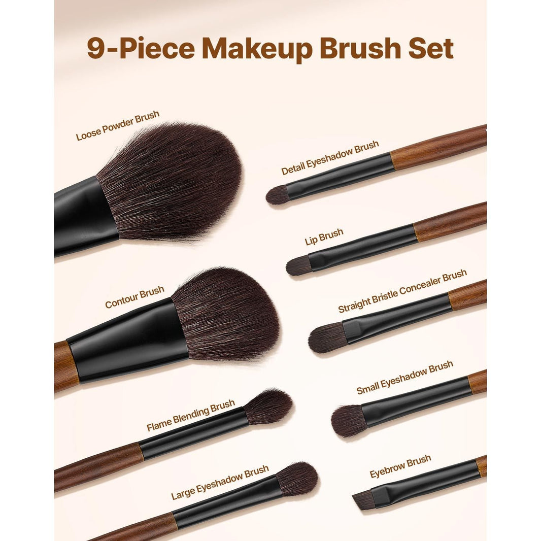 9-Piece Makeup Brush Set for Foundation Blending Eyeshadow, Professional Makeup Brush Kit with Soft Natural Wool & Vegan Synthetic Bristles, Ergonomic Wood Handle, Travel-Friendly Storage Bag-9-Piece Makeup Brush Set for Foundation Blending Eyeshadow, Professional Makeup Brush Kit with Soft Natural Wool & Vegan Synthetic Bristles, Ergonomic Wood Handle, Travel-Friendly Storage Bag