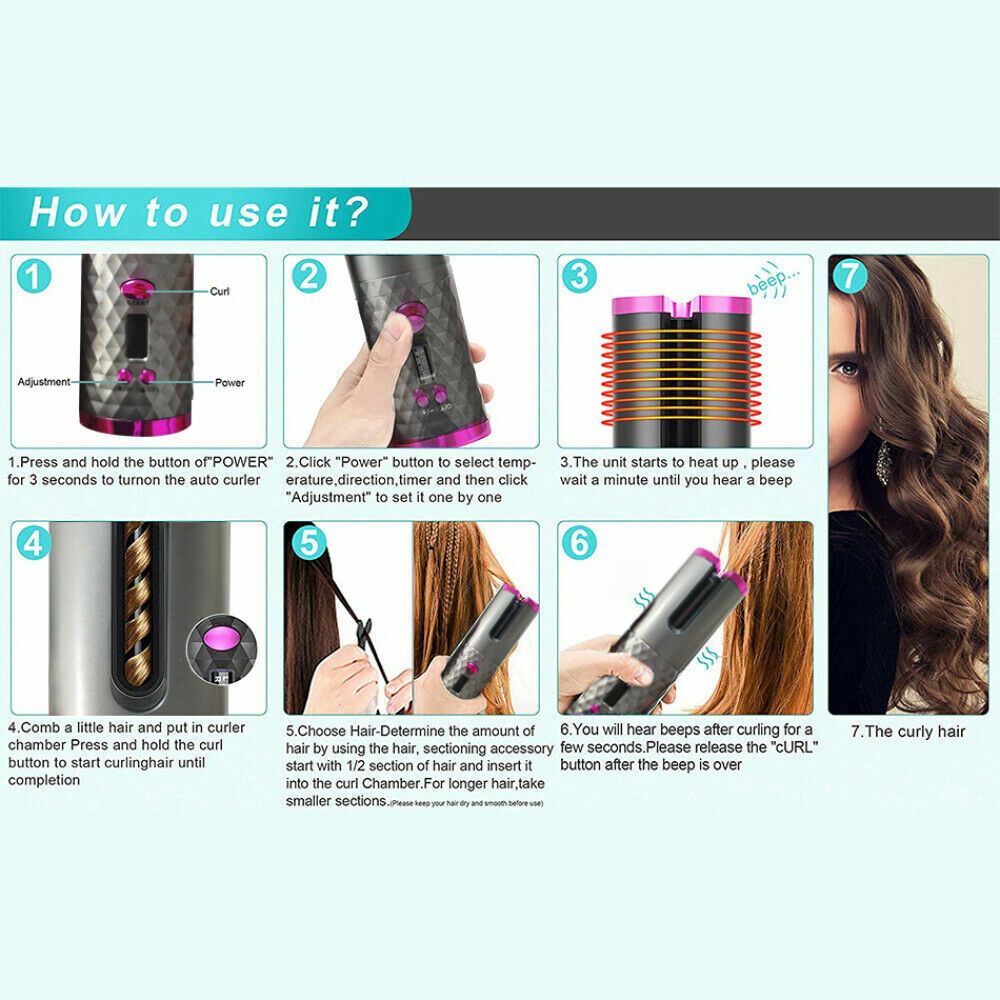 Hair Curler LCD Cordless Auto Rotating Waver Curling Iron Ceramic Wireless USA-Hair Curler LCD Cordless Auto Rotating Waver Curling Iron Ceramic Wireless USA