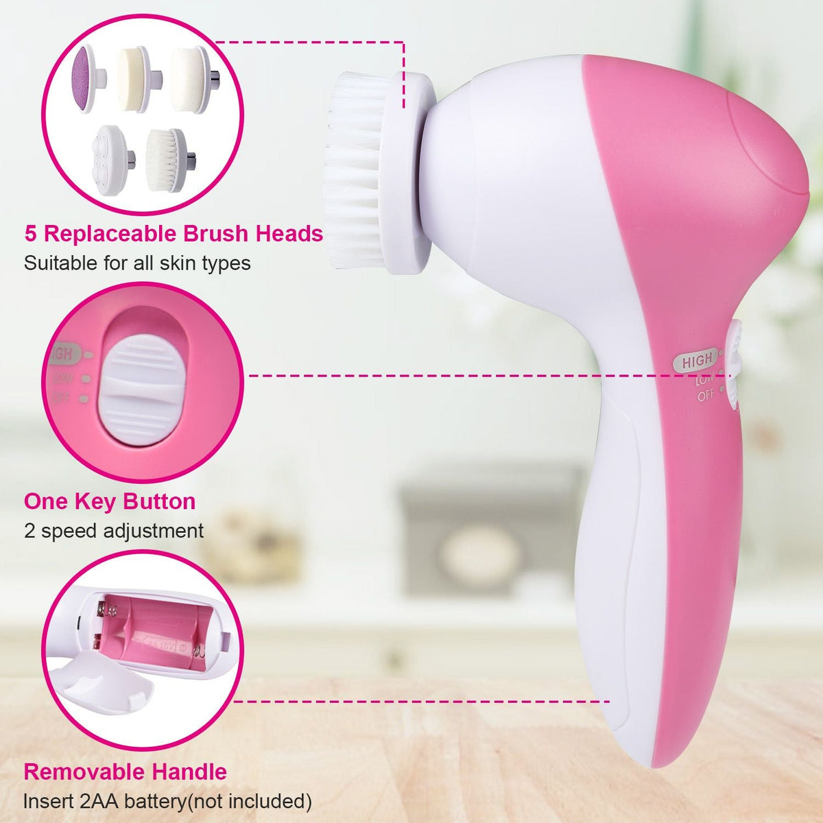 Facial Cleansing Brush Waterproof Face Spin Cleaning Brush with 5 Brush Heads-Facial Cleansing Brush Waterproof Face Spin Cleaning Brush with 5 Brush Heads