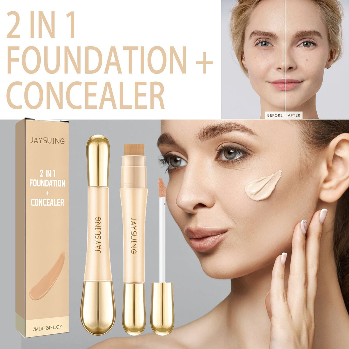 Jaysuing 2 In 1 Foundation + Concealer, Blemish Print Natural Concealer Long-Lasting Makeup Invisible Pore Concealer-Jaysuing 2 In 1 Foundation + Concealer, Blemish Print Natural Concealer Long-Lasting Makeup Invisible Pore Concealer