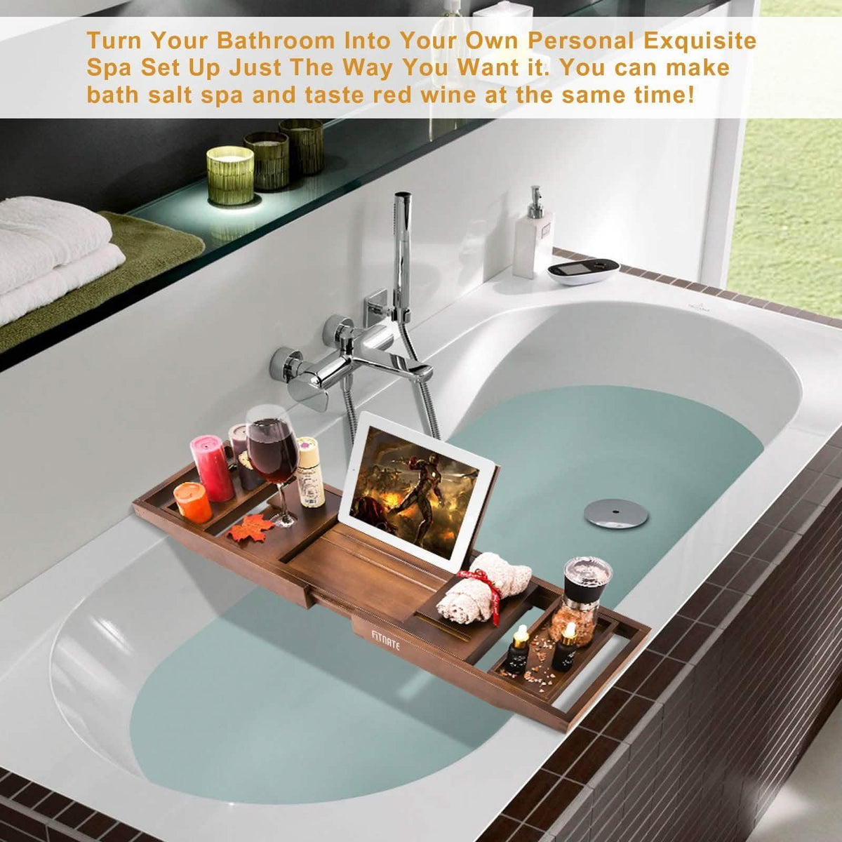 Expandable Bamboo Caddy Bath Tub Organizer Tray-Expandable Bamboo Caddy Bath Tub Organizer Tray