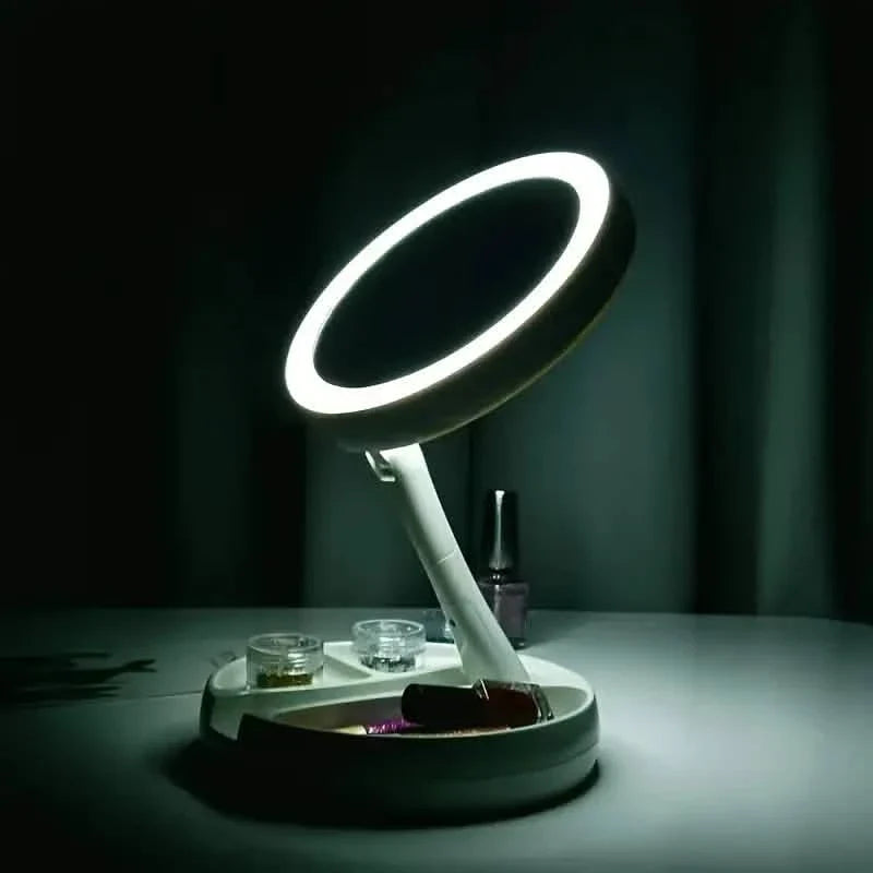 Foldable LED Vanity Mirror With Storage Box, Double-sided 1X & 10X Magnifying Retractable Mirror-Foldable LED Vanity Mirror With Storage Box, Double-sided 1X & 10X Magnifying Retractable Mirror