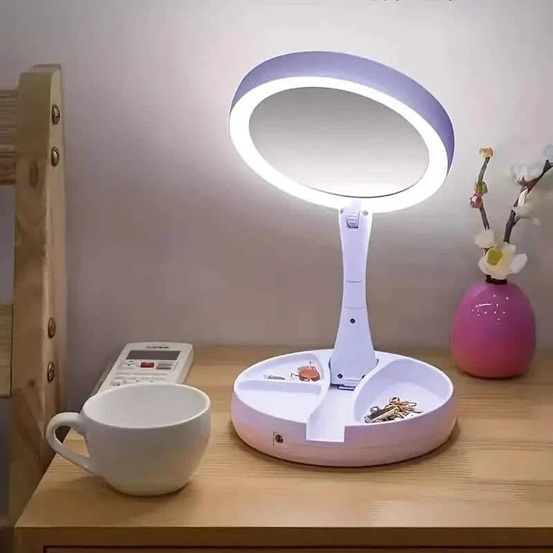 Foldable LED Vanity Mirror With Storage Box, Double-sided 1X & 10X Magnifying Retractable Mirror-Foldable LED Vanity Mirror With Storage Box, Double-sided 1X & 10X Magnifying Retractable Mirror