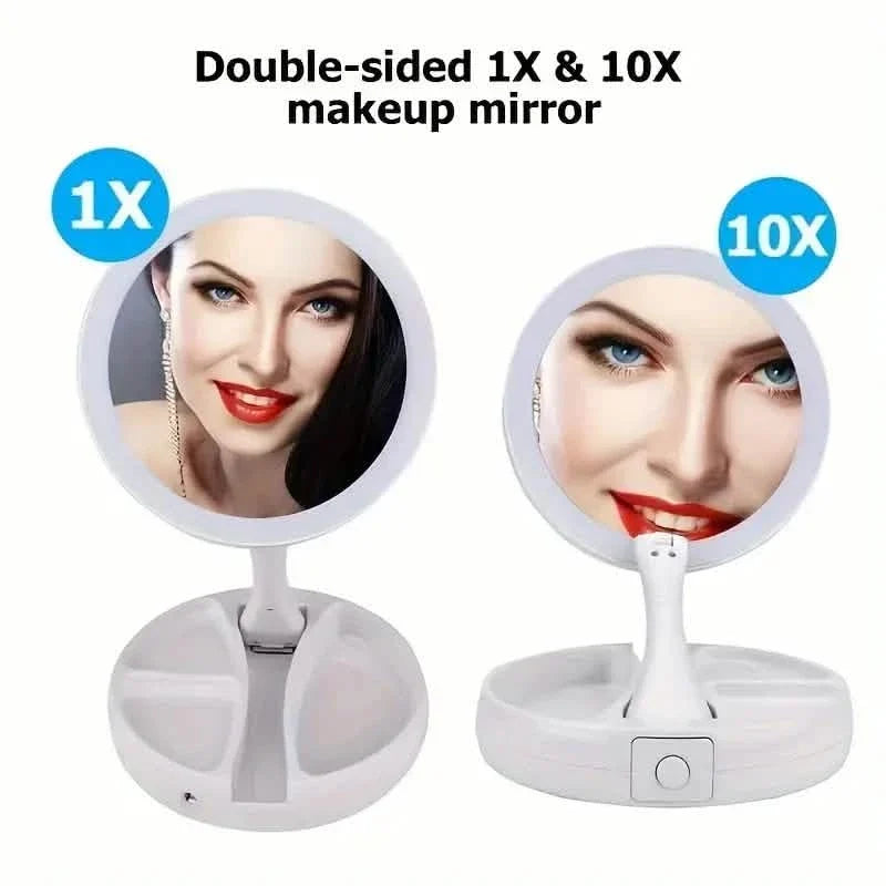 Foldable LED Vanity Mirror With Storage Box, Double-sided 1X & 10X Magnifying Retractable Mirror-Foldable LED Vanity Mirror With Storage Box, Double-sided 1X & 10X Magnifying Retractable Mirror