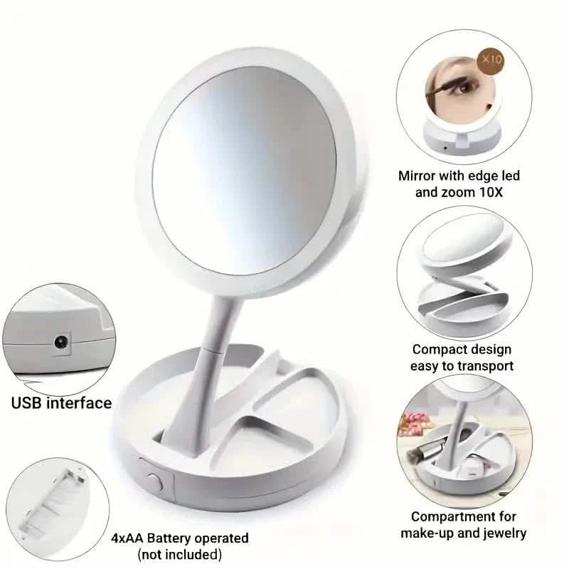 Foldable LED Vanity Mirror With Storage Box, Double-sided 1X & 10X Magnifying Retractable Mirror-Foldable LED Vanity Mirror With Storage Box, Double-sided 1X & 10X Magnifying Retractable Mirror