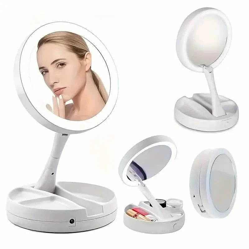 Foldable LED Vanity Mirror With Storage Box, Double-sided 1X & 10X Magnifying Retractable Mirror-Foldable LED Vanity Mirror With Storage Box, Double-sided 1X & 10X Magnifying Retractable Mirror