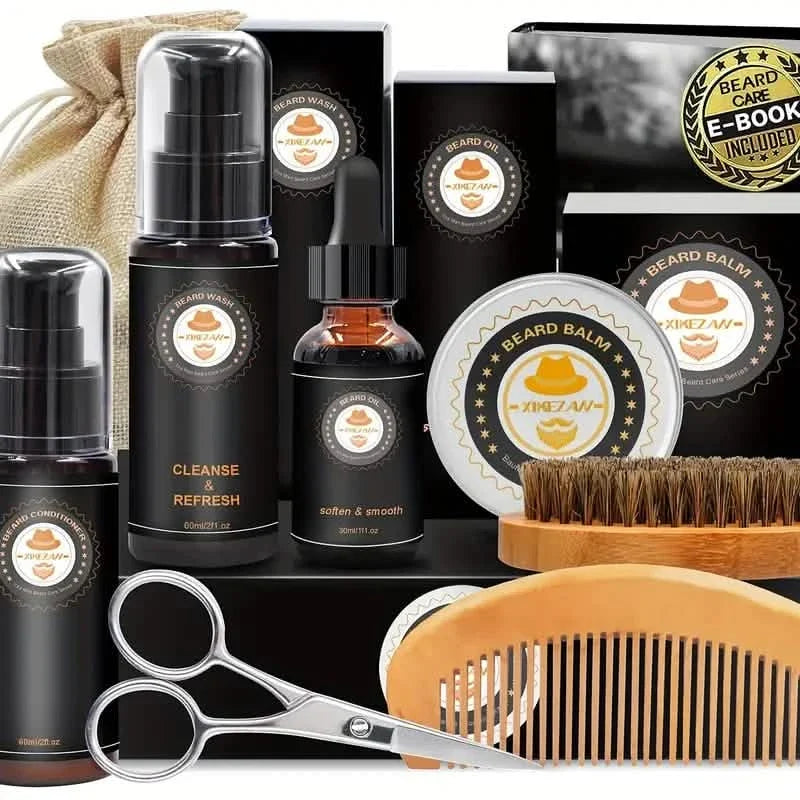 Grooming Kit w/Beard Conditioner, Oil, Balm, Brush, Wash, Comb, Scissor, Bag, E-Book-Grooming Kit w/Beard Conditioner, Oil, Balm, Brush, Wash, Comb, Scissor, Bag, E-Book